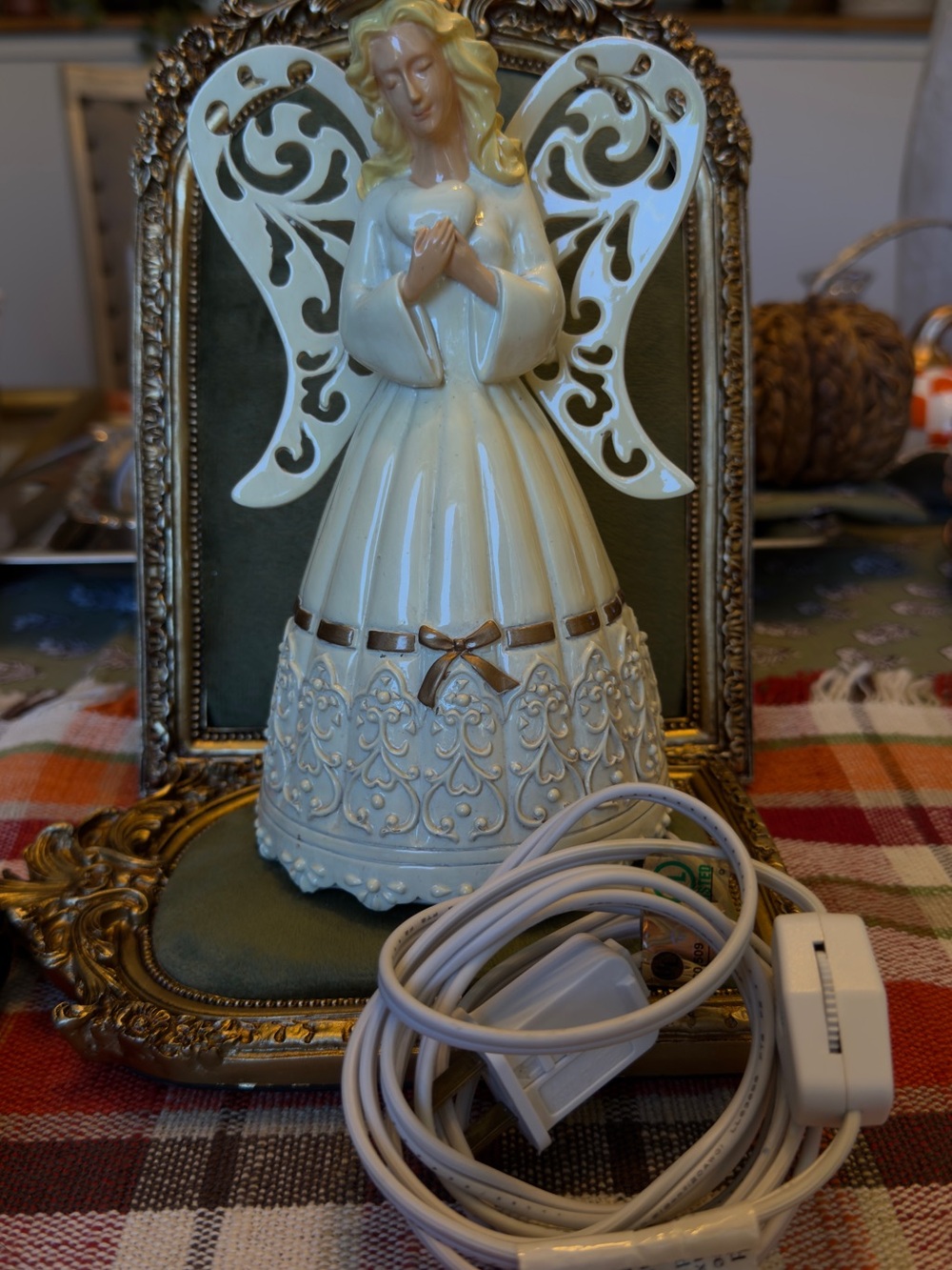 vintage Ceramic Angel Figurine Night Light in Cream and Gold